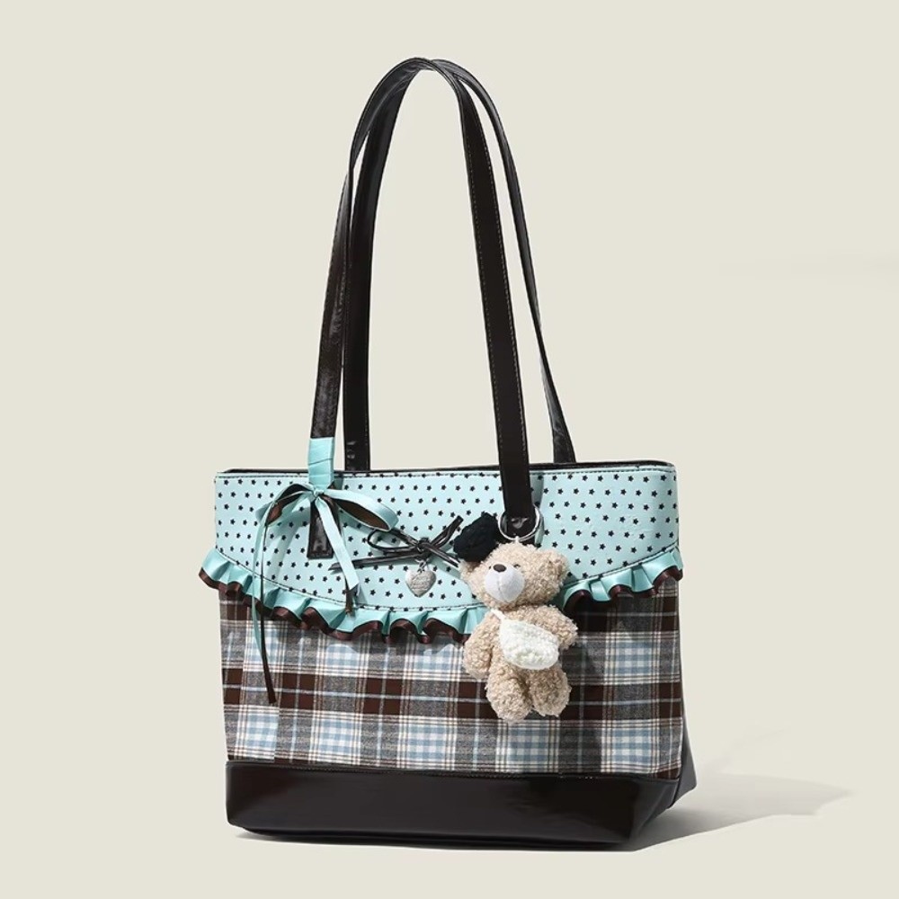 Canvas Tote Designer - Nane Yeşili Kanvas Çanta Ekose Desenli