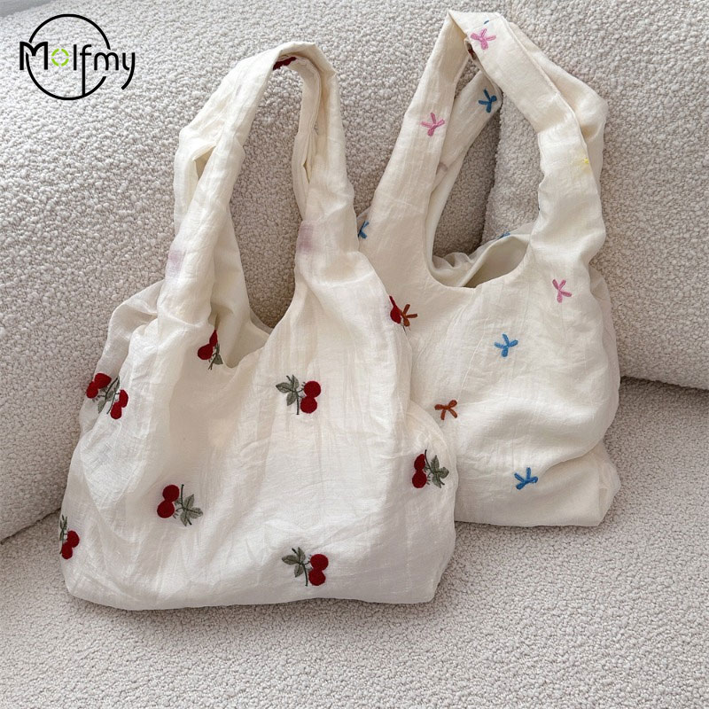 Canvas Tote Designer - Tasarımcı Çanta Lüks Kiraz İşlemeli Kanvas